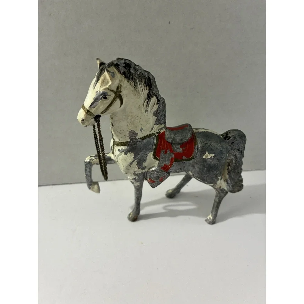 Vintage Cast Iron Horse Figurine Chain Reins Red Saddle Toy Gray White Pony